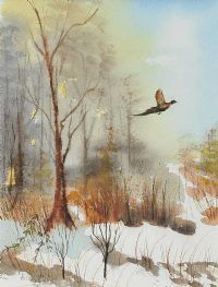 PHEASANT OVER WINTER WOODS by Hilary Molloy at Ross's Online Art Auctions
