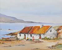 THATCHED COTTAGE BY THE LOUGH, IRELAND by D. York at Ross's Online Art Auctions