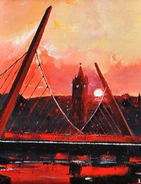 SUNSET, PEACE BRIDGE, DERRY by Sean Lorinyenko at Ross's Online Art Auctions