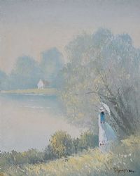 GIRL WITH A PARASOL BY THE LOUGH by Thompson at Ross's Online Art Auctions