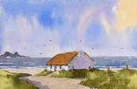 DONEGAL THATCHED COTTAGE BY THE SEA by Leslie Rodgers at Ross's Online Art Auctions