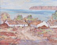 THATCHED COTTAGES ON THE ANTRIM COAST by George Moore at Ross's Online Art Auctions
