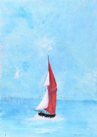 RED SAIL BEHIND A BLUE SKY by Jeff Adams at Ross's Online Art Auctions